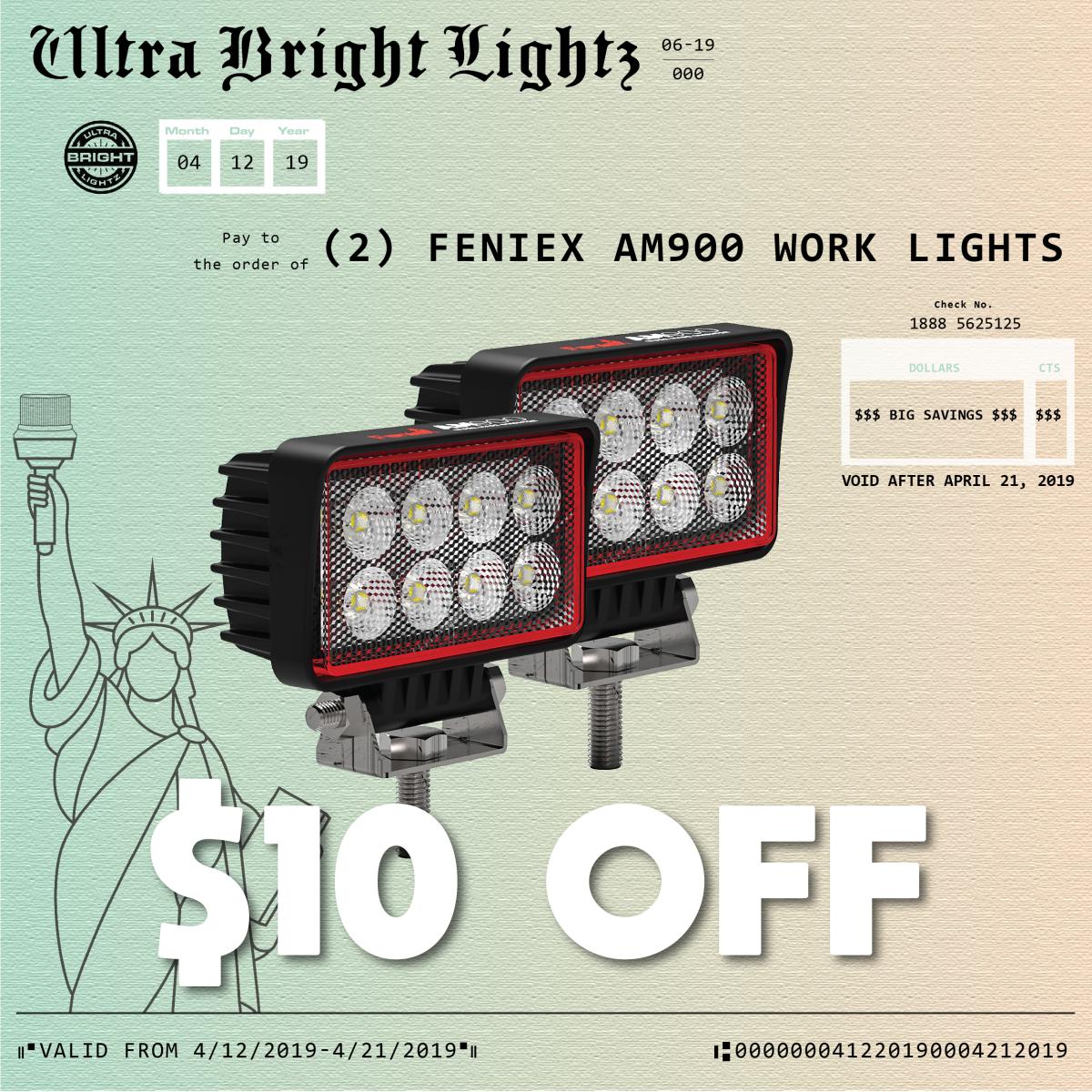 Ultra Bright Lightz Tax Savings Promotion 2019 promoting Feniex Industries AM900 Work Lights LED lights for emergency, roadside, construction, and utility vehicles.